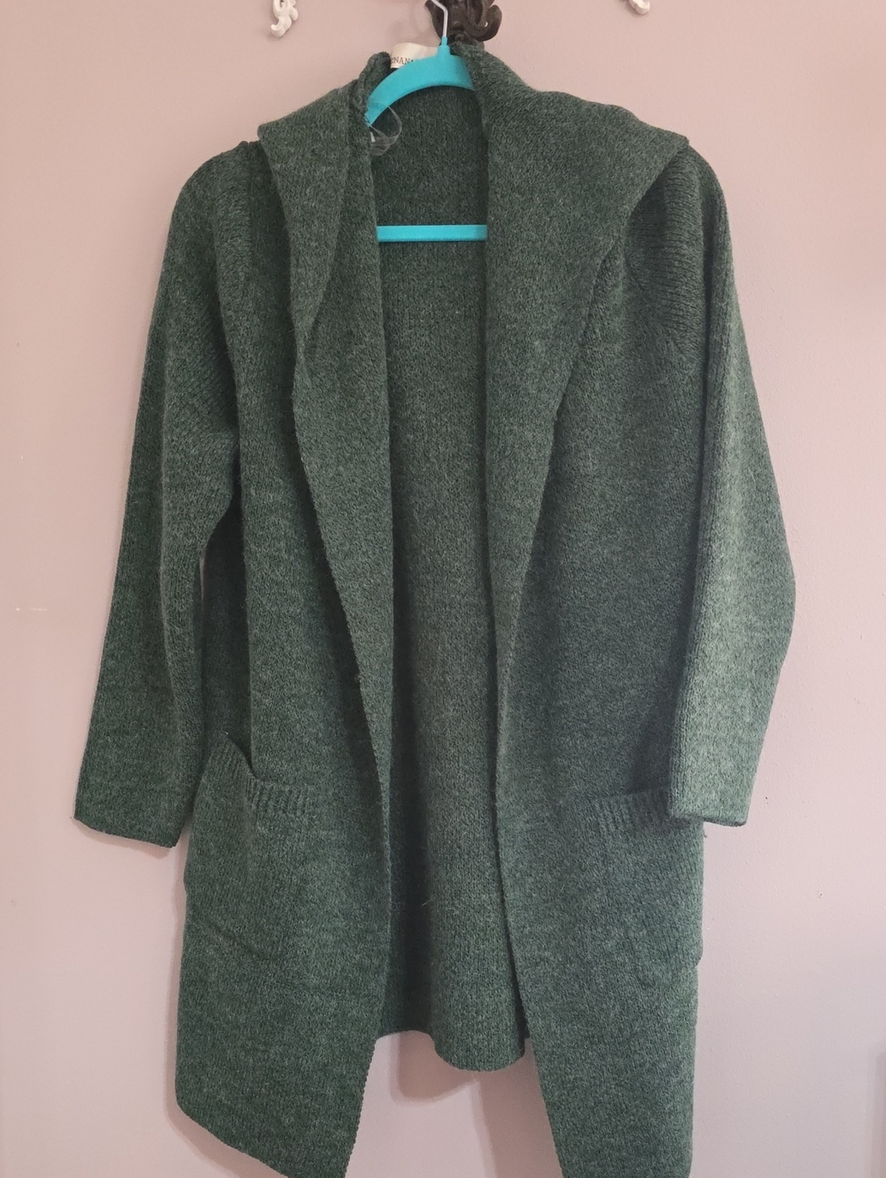 Zenana Open-Front Hooded Coatigan in Dark Green pockets small Will Fit XL Oversz